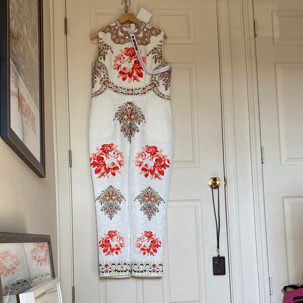 Floral Embroidered Straight Leg Jumpsuit - White and Red